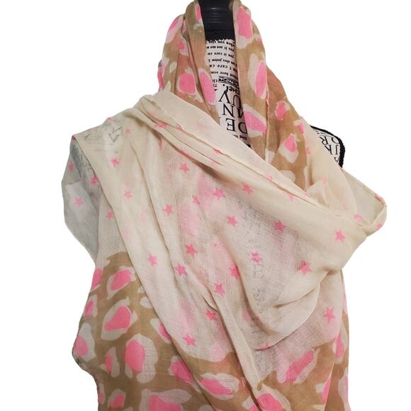 Italy Design Sheer Scarf Leopard Star Print Tan Pink Extra Large Rectangle - Picture 1 of 5